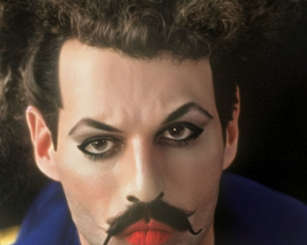 Dramatic makeup with faux mustache, intense gaze, styled hair, colorful attire