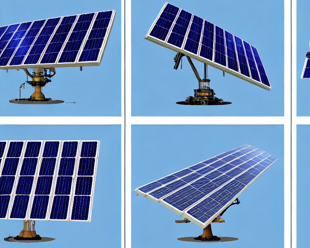 Four blue solar panels on single-axis tracking systems under clear sky