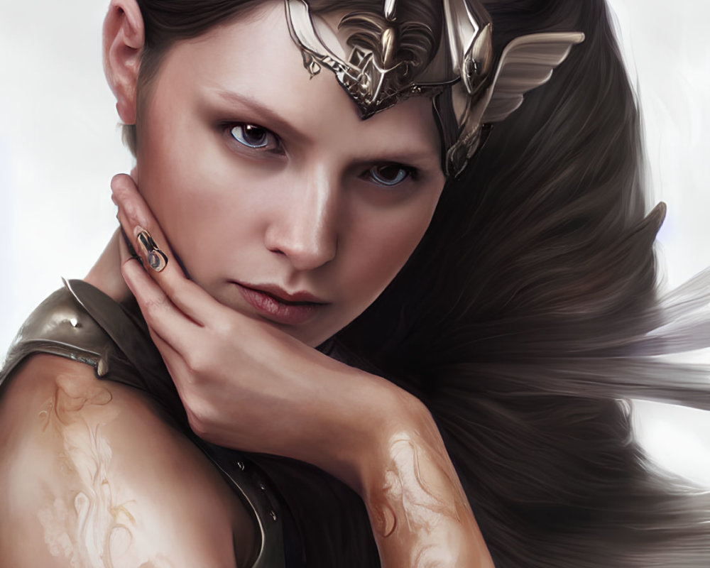 Digital artwork of woman with long dark hair and metallic headpiece, featuring intricate arm tattoos.