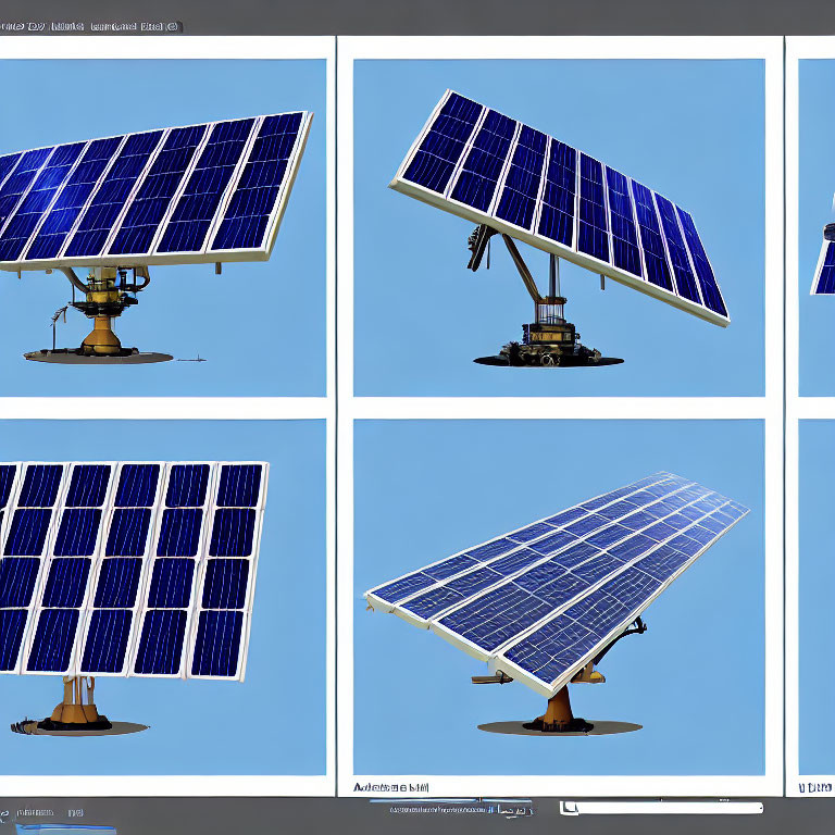 Four blue solar panels on single-axis tracking systems under clear sky