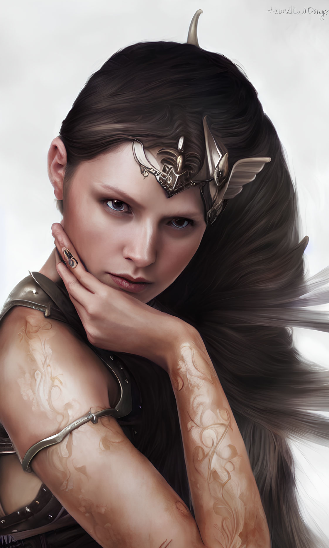 Digital artwork of woman with long dark hair and metallic headpiece, featuring intricate arm tattoos.