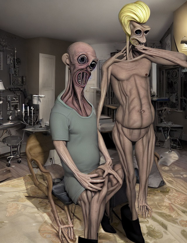 Elongated humanoid figures with exaggerated features in surreal domestic scene