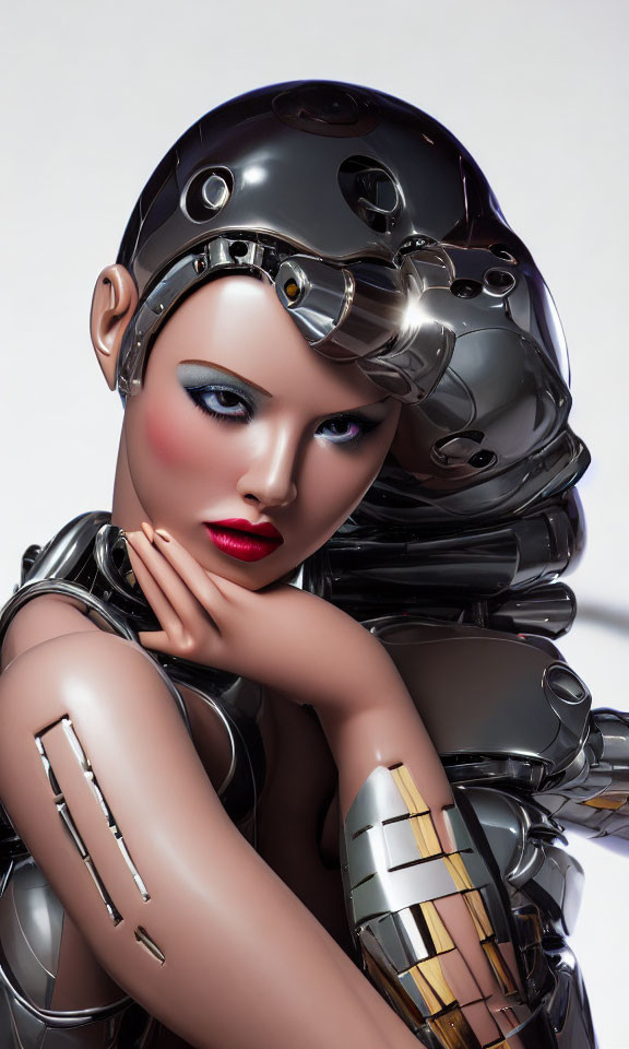 Futuristic female android with metallic body and red lips