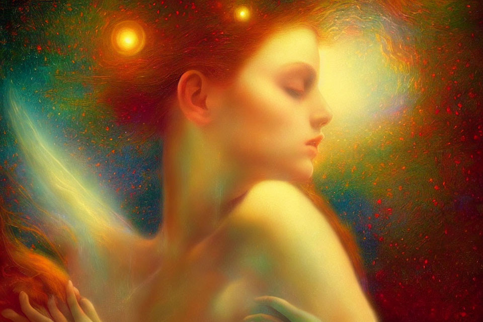 Portrait of a woman with ethereal glow in cosmic backdrop