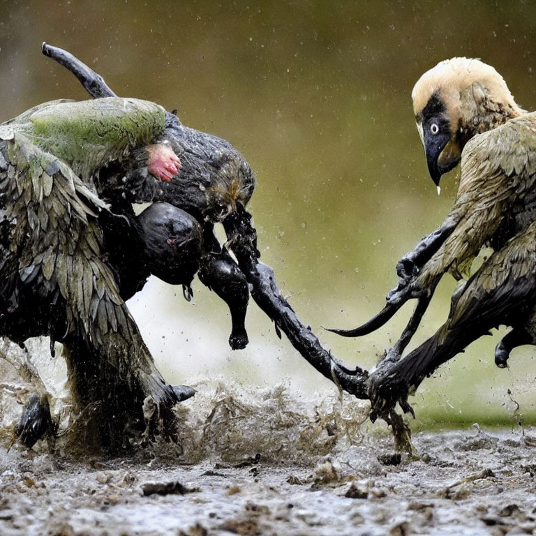 Birds in intense altercation, splashing water and mud, one biting other's leg