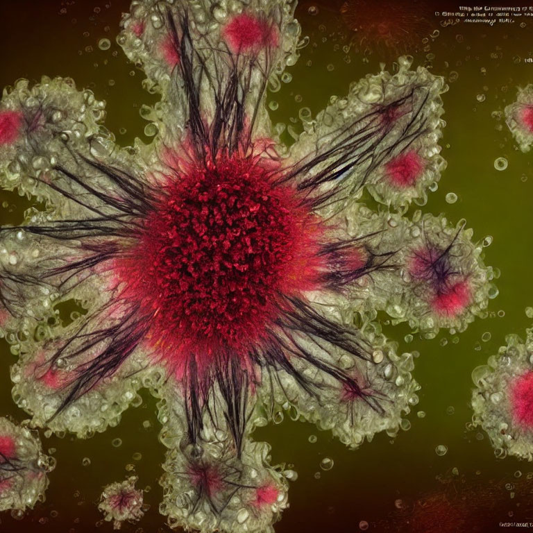 Detailed Microscopic View of Red and Black Flower-Like Structure with Bubble-Like Shapes