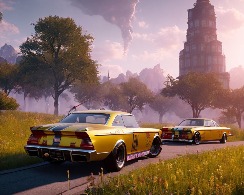 Vintage Yellow Race Cars Parked in Front of Whimsical Towering Building