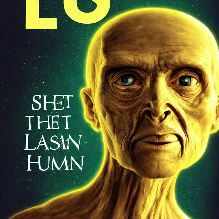 Humanoid with Bald Head and Intense Eyes on Yellow-Green Background