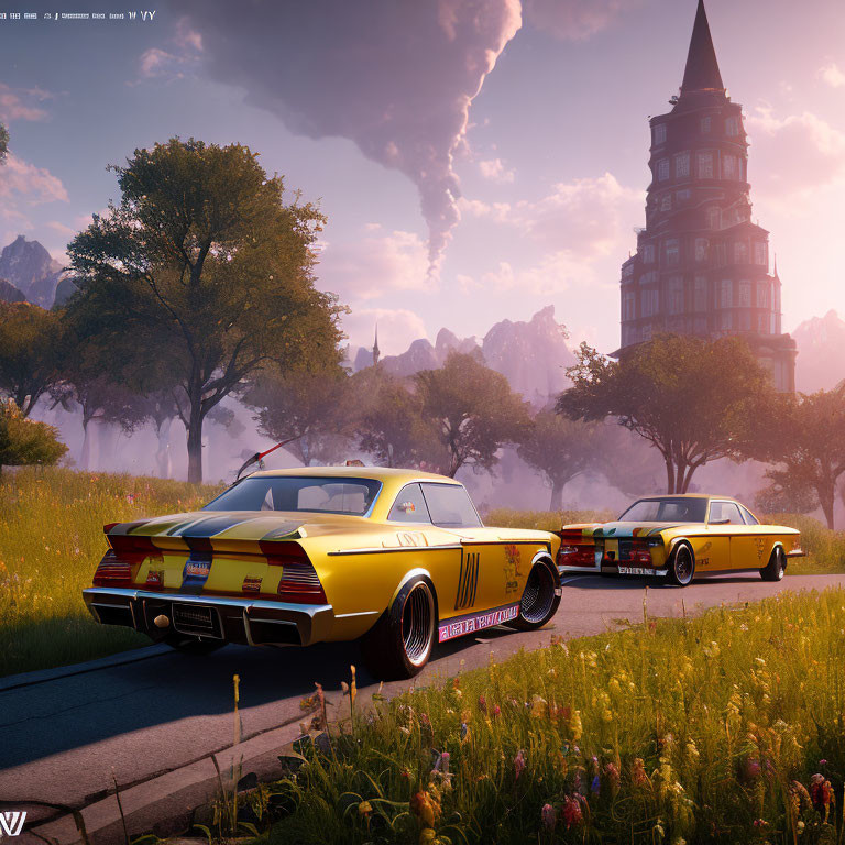 Vintage Yellow Race Cars Parked in Front of Whimsical Towering Building