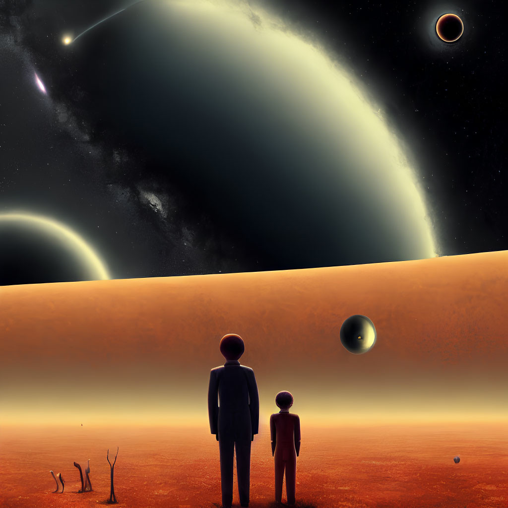 Silhouetted figures on barren landscape with ringed planet and moons