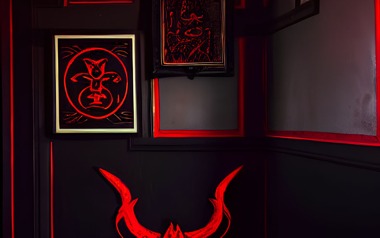 Dark Gothic Room with Red Neon Lighting and Devilish Figure Art