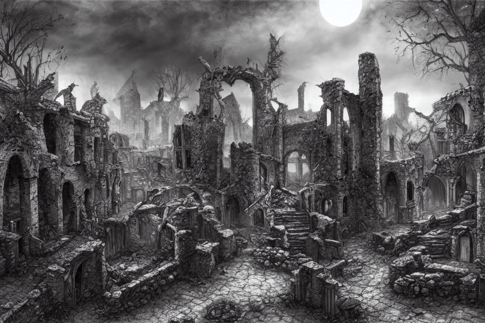 Desolate ruined Gothic village under crescent moon