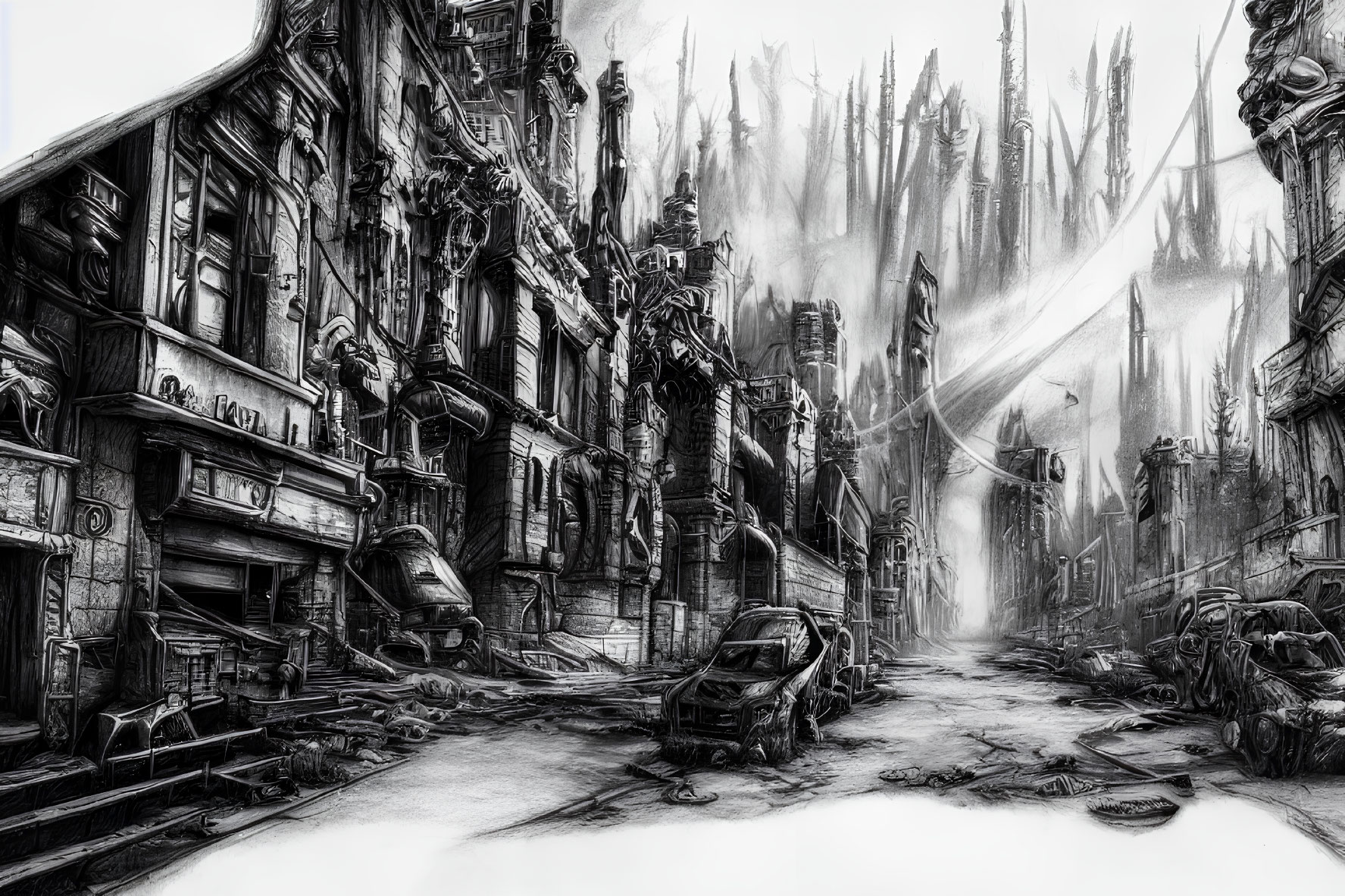 Monochrome sketch of a rundown urban street with cathedral in background