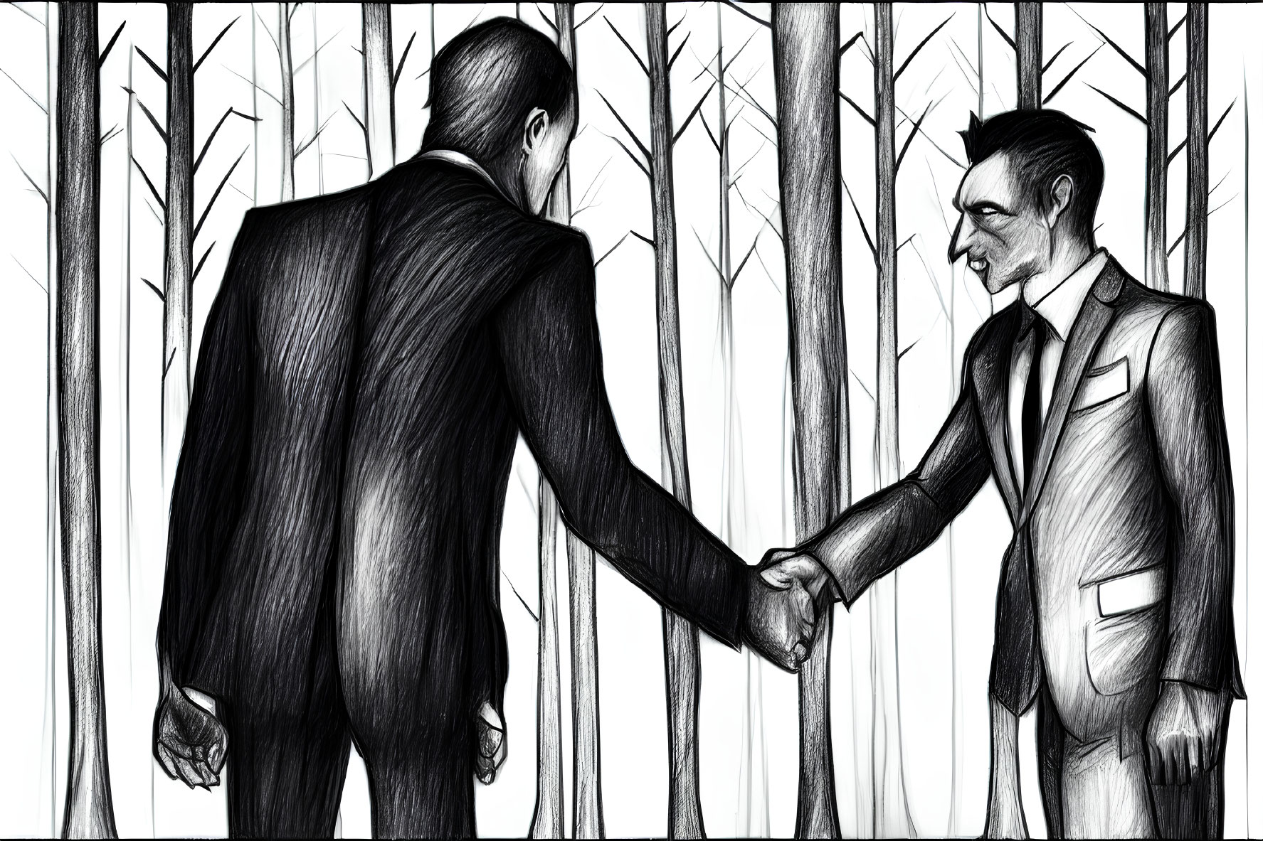 Men in suits handshake in abstract forest setting with obscured face and vertical tree lines.