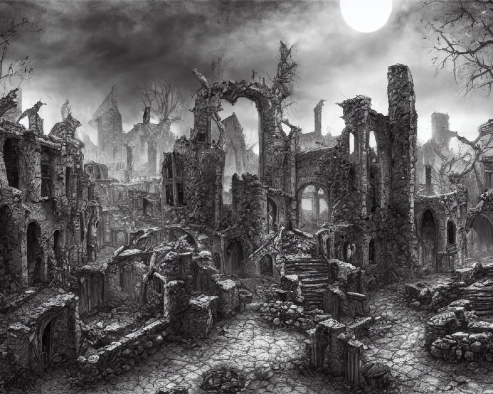 Desolate ruined Gothic village under crescent moon