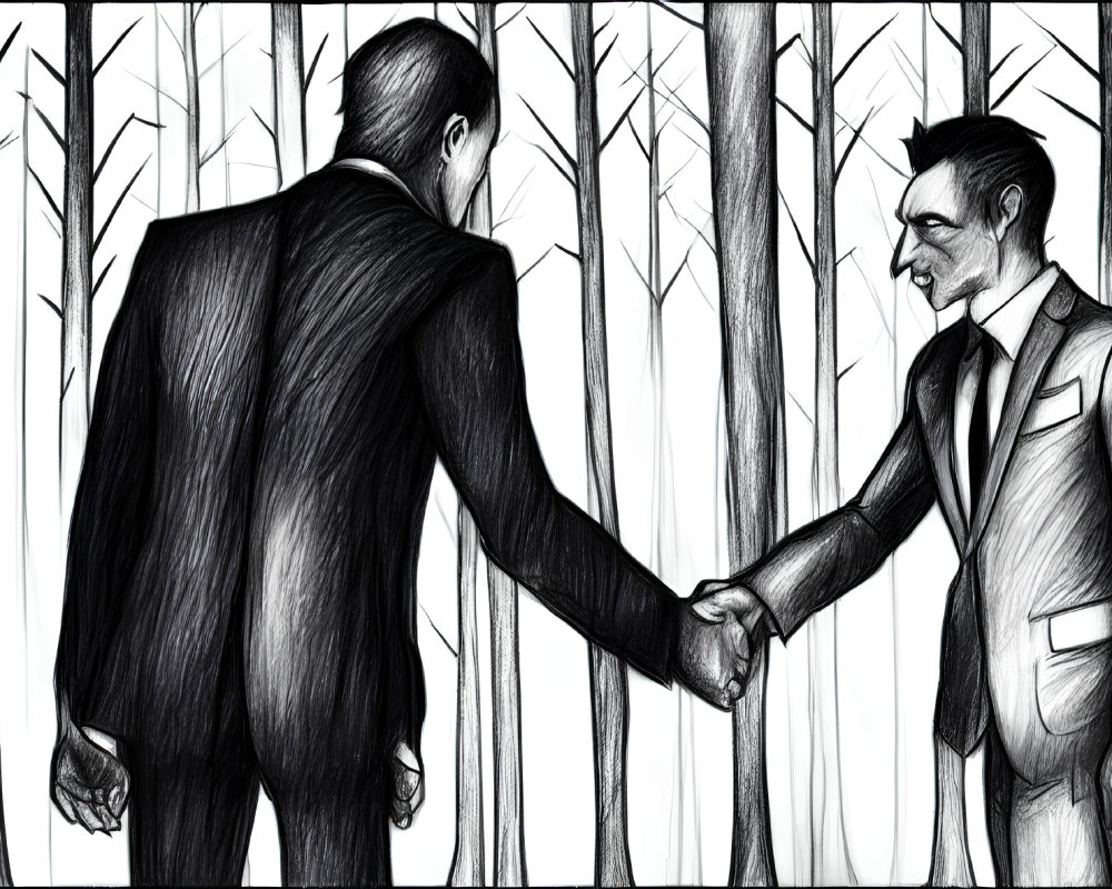 Men in suits handshake in abstract forest setting with obscured face and vertical tree lines.