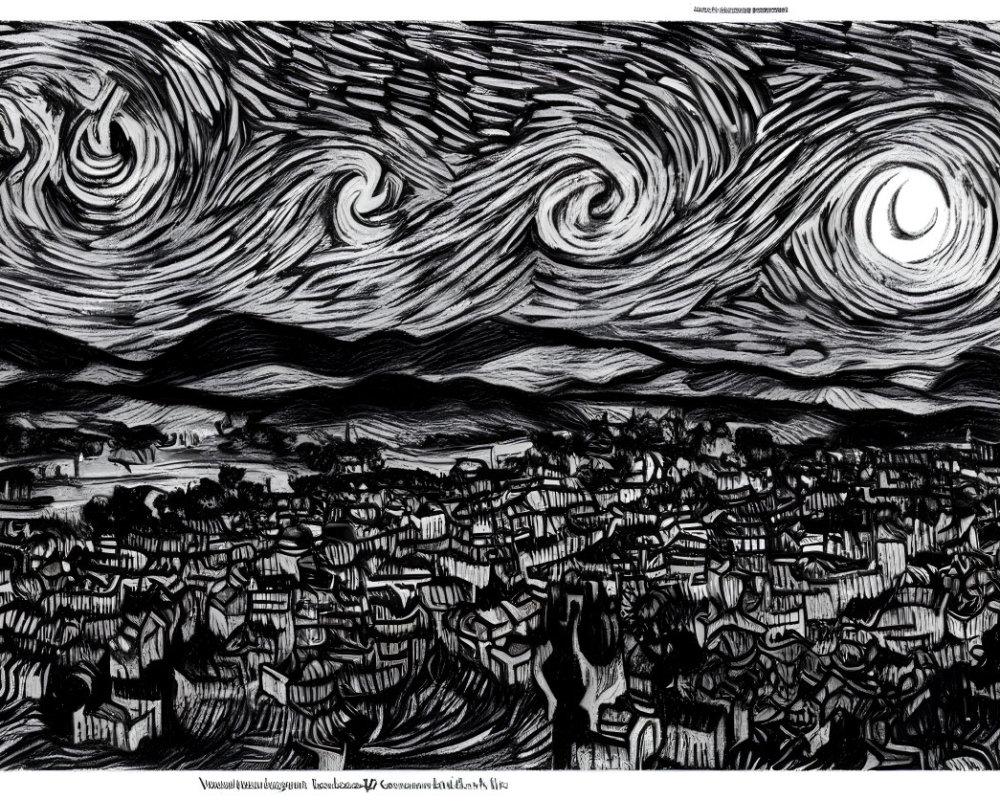 Monochrome artistic depiction of swirling clouds and crescent moon