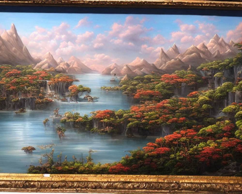 Tranquil landscape painting with mountain peaks, waterfalls, islands, red-flowered trees, and