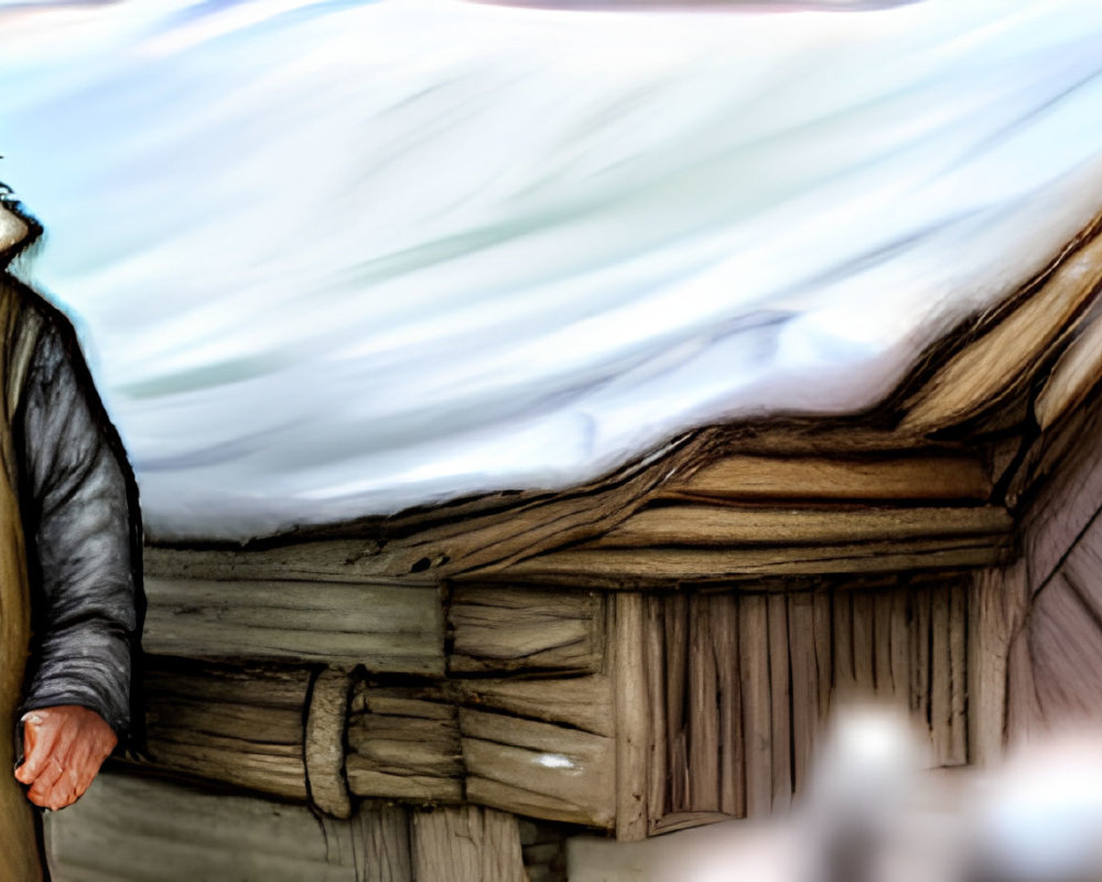 Illustration of bearded old man by snowy wooden cabin