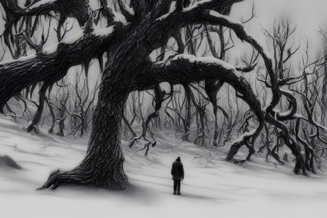 Solitary figure in snowy landscape with leafless trees