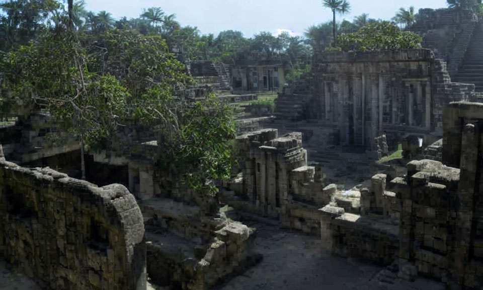 Ancient ruins with stone structures and pillars in lush greenery