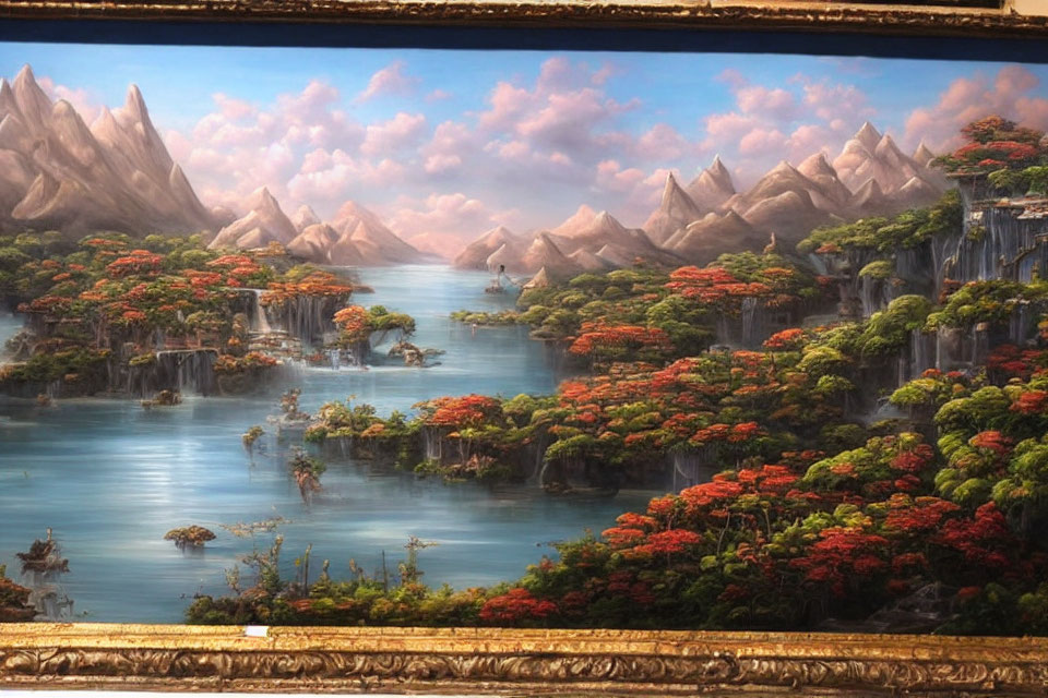 Tranquil landscape painting with mountain peaks, waterfalls, islands, red-flowered trees, and