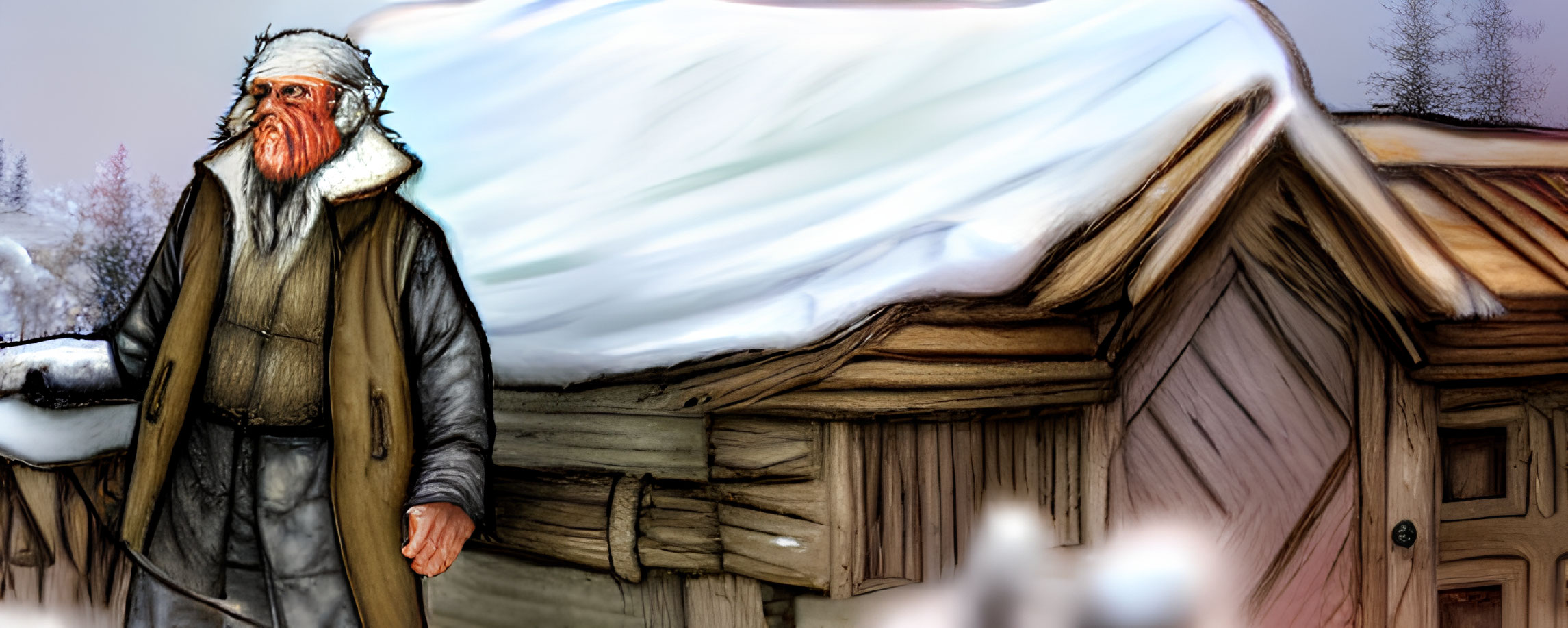 Illustration of bearded old man by snowy wooden cabin