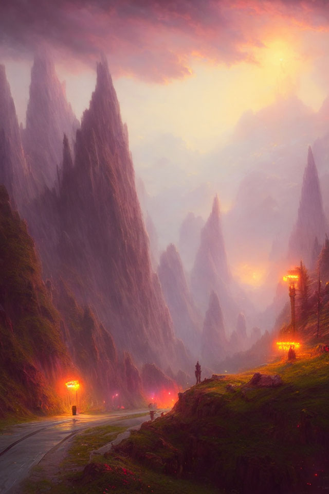 Mystical mountain landscape with winding road and glowing lanterns