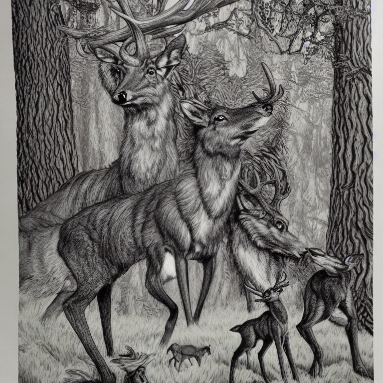 Realistic Pencil Drawing of Deer in Forest with Antlers