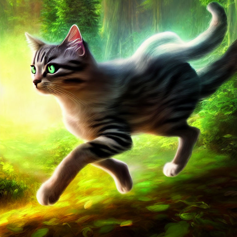 Striped cat with green eyes leaping in forest setting