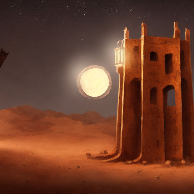 Ancient desert structure under full moon and starry sky