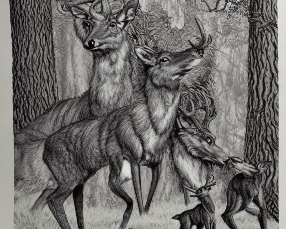 Realistic Pencil Drawing of Deer in Forest with Antlers