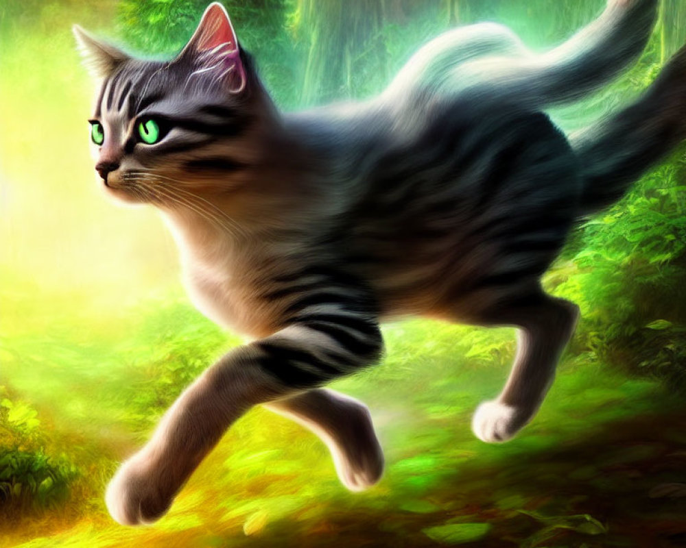 Striped cat with green eyes leaping in forest setting