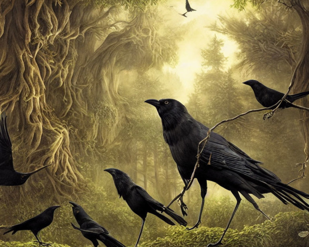 Mystical forest scene with ravens under twisted trees