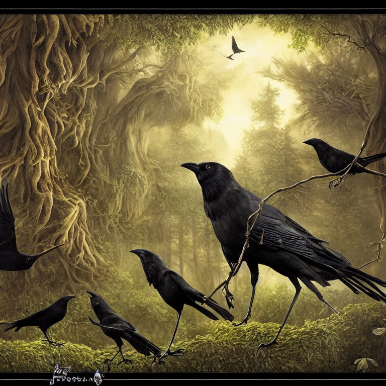 Mystical forest scene with ravens under twisted trees