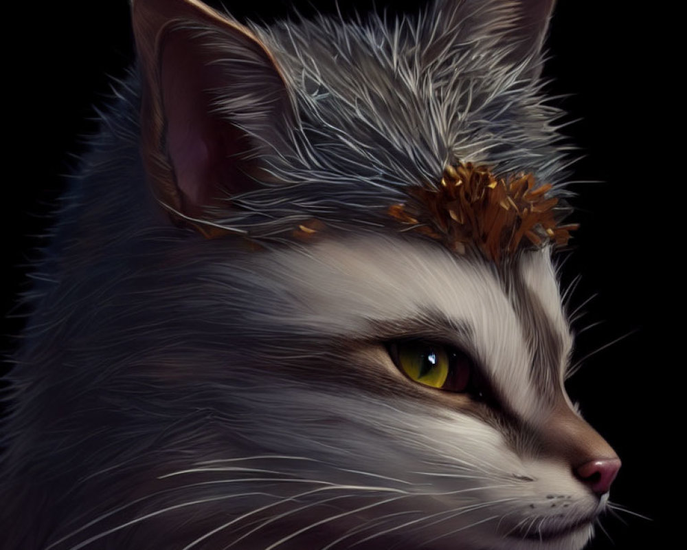 Detailed digital painting of grey cat with yellow eyes and leaf crown on dark backdrop