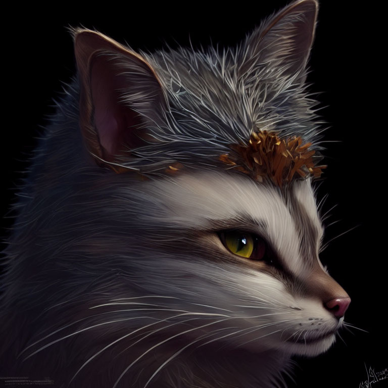 Detailed digital painting of grey cat with yellow eyes and leaf crown on dark backdrop