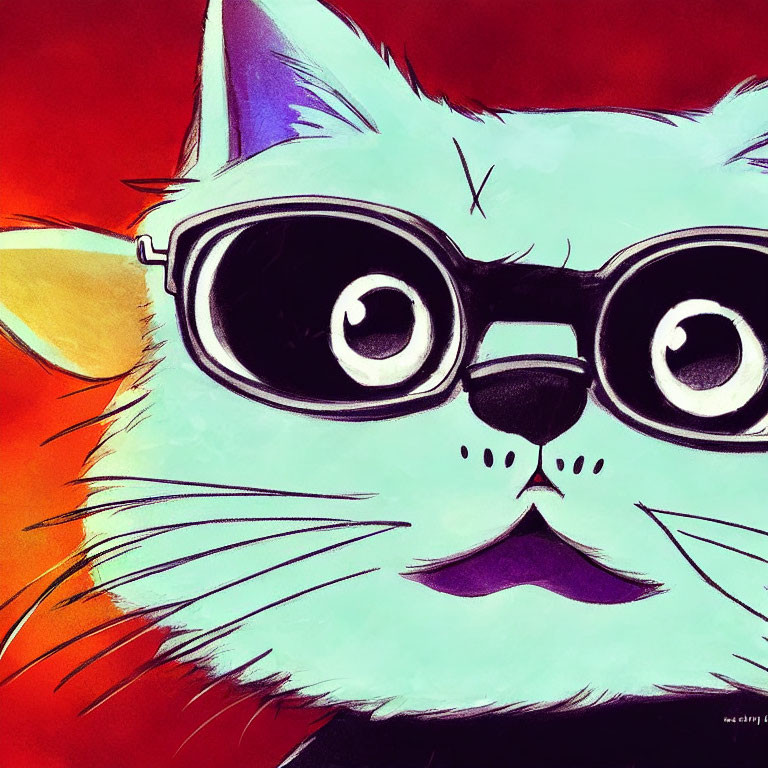 Wide-eyed cat with glasses on red background illustration