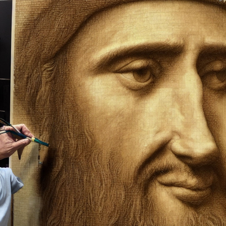 Hyperrealistic portrait of a bearded man receiving intricate details.