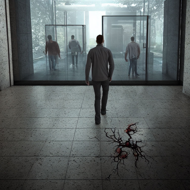 Man walking towards glass doors with red-veined plant on floor