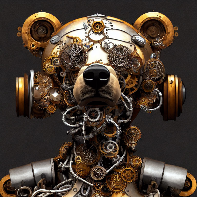 Steampunk mechanical bear with gears on dark background