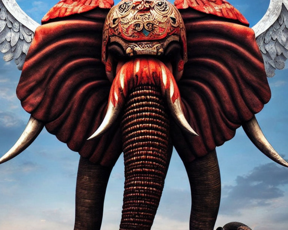 Digitally altered image: Elephant with red wing-like ears and intricate head decorations