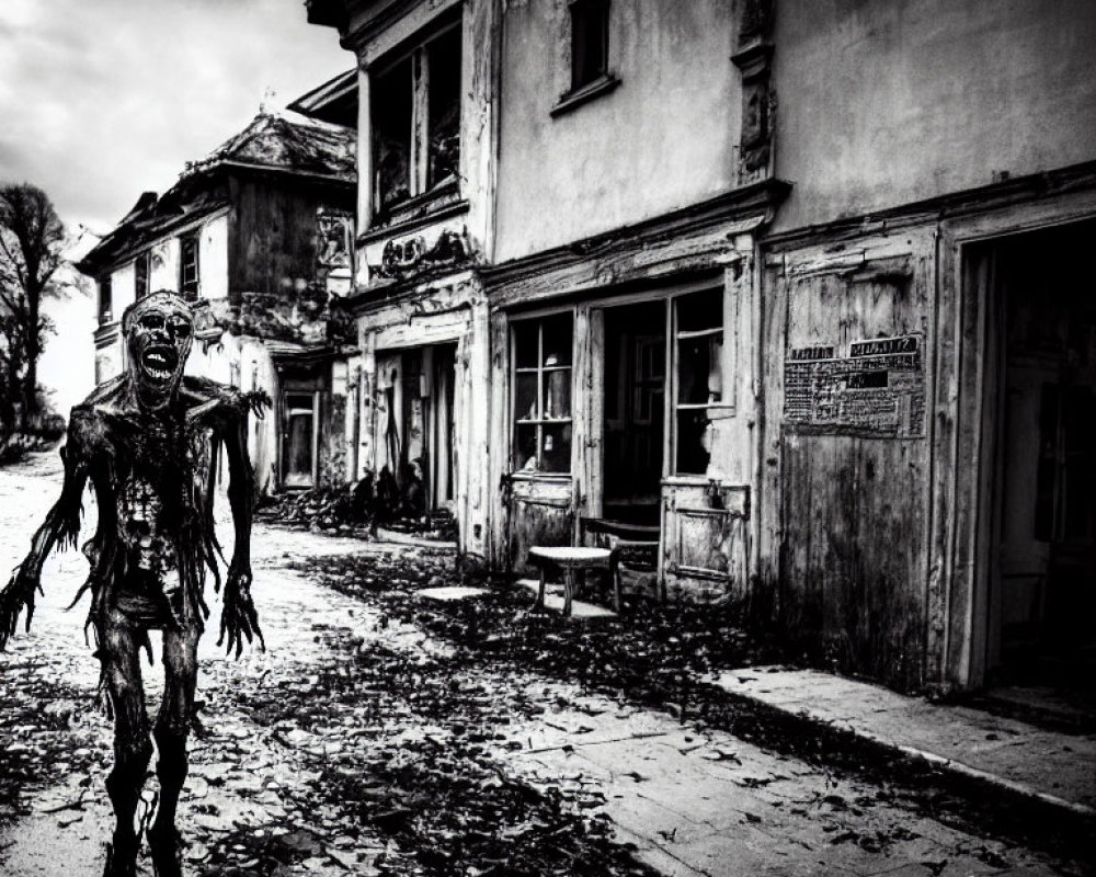 Monochrome image of zombie-like creature in desolate street