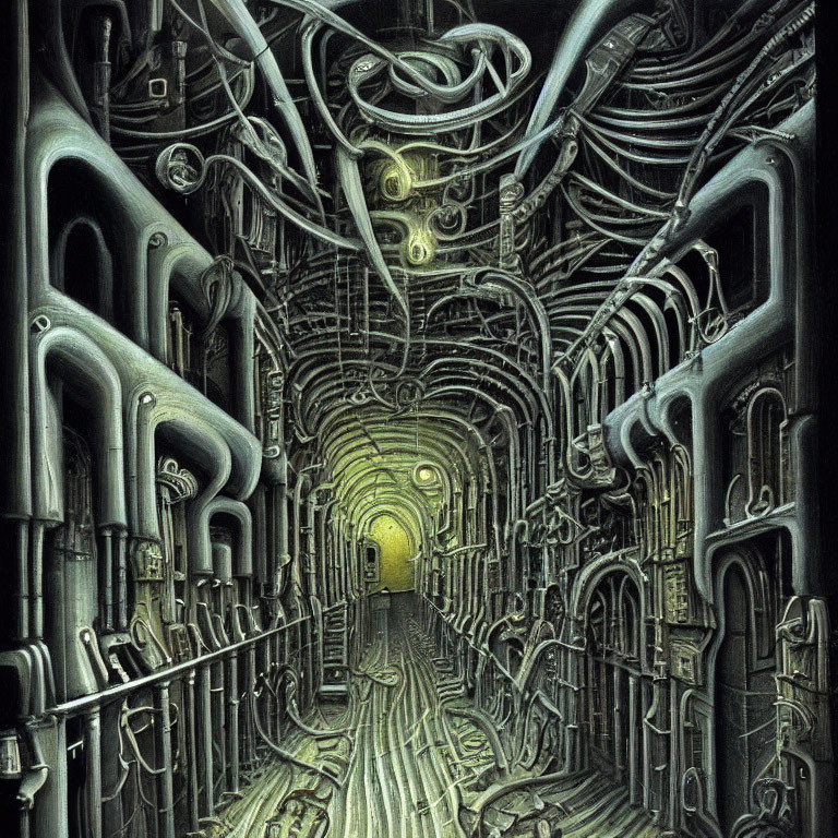 Detailed Illustration: Dark, Claustrophobic Corridor with Pipes, Cables, Machinery,