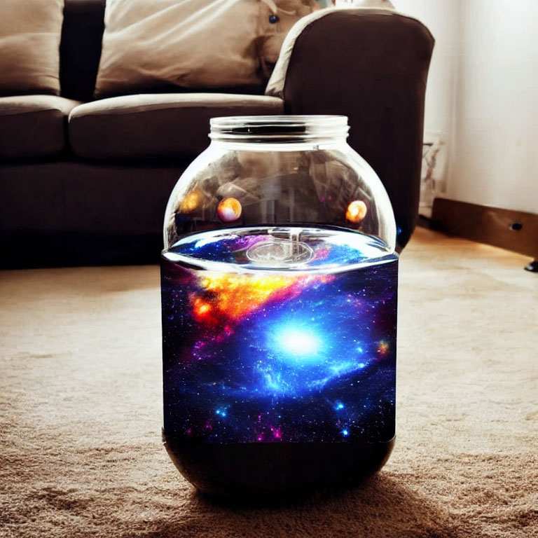 Glass jar with swirling galaxy colors and stars creating mini-universe