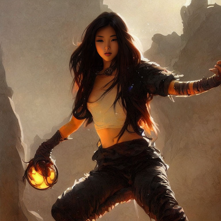 Female warrior with black hair holds glowing orb in fantasy setting