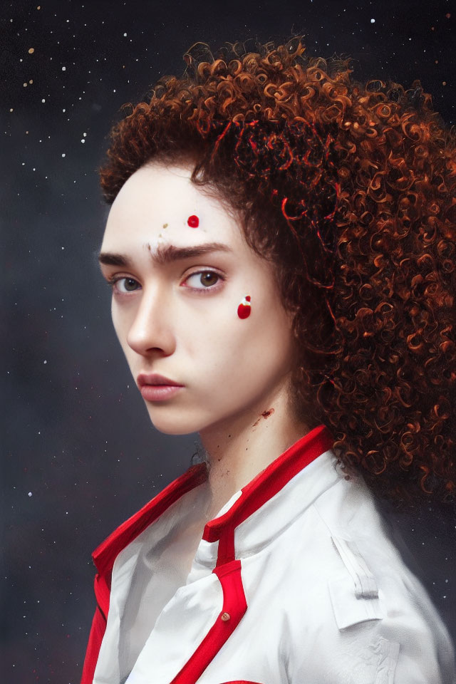 Curly Haired Person in White Shirt Against Starry Background with Galaxy Paint Drops