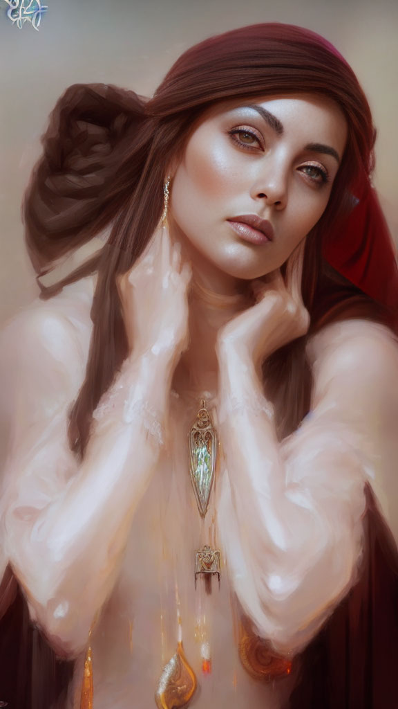 Digital painting of a woman in red headscarf with ornate earrings