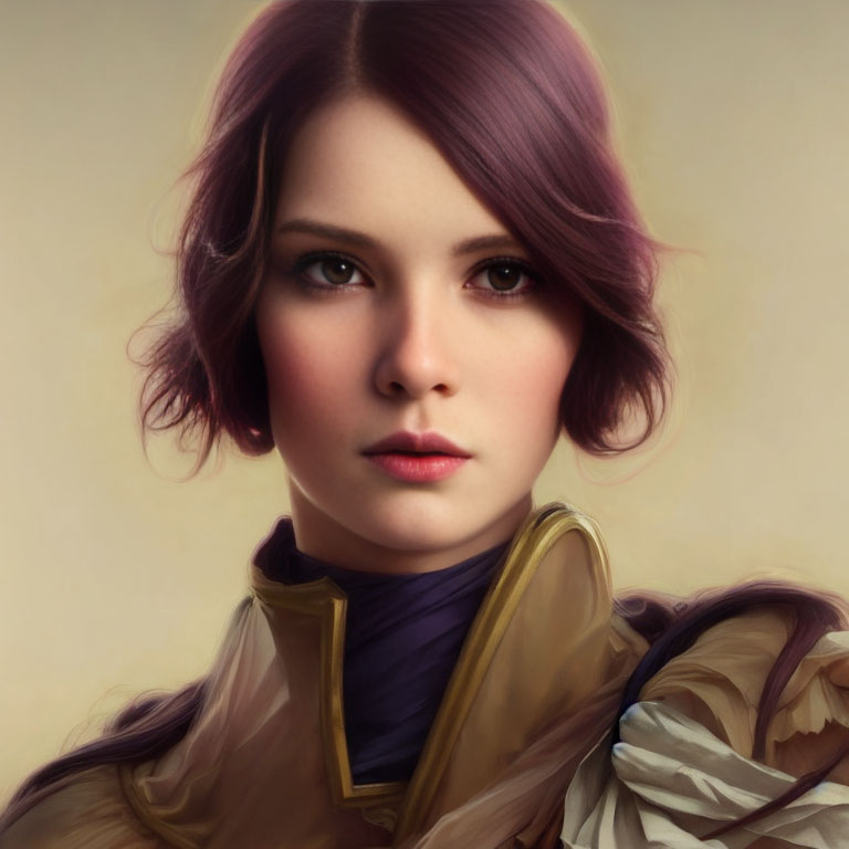 Digital portrait of woman with purple hair in high-collared gold-trimmed outfit