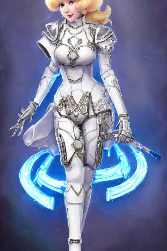 Futuristic female warrior illustration in white and gold armor with glowing blue sword